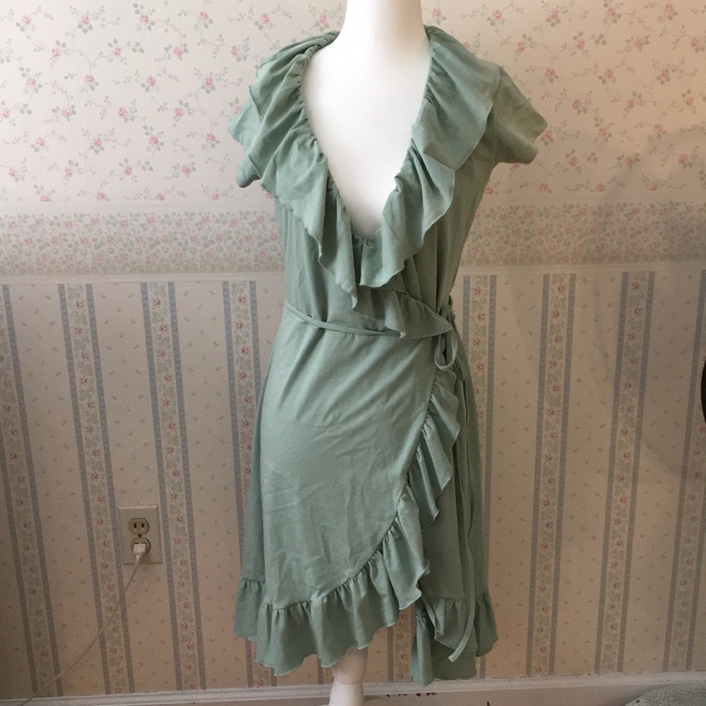 Mint green knit jersey ruffle wrap dress